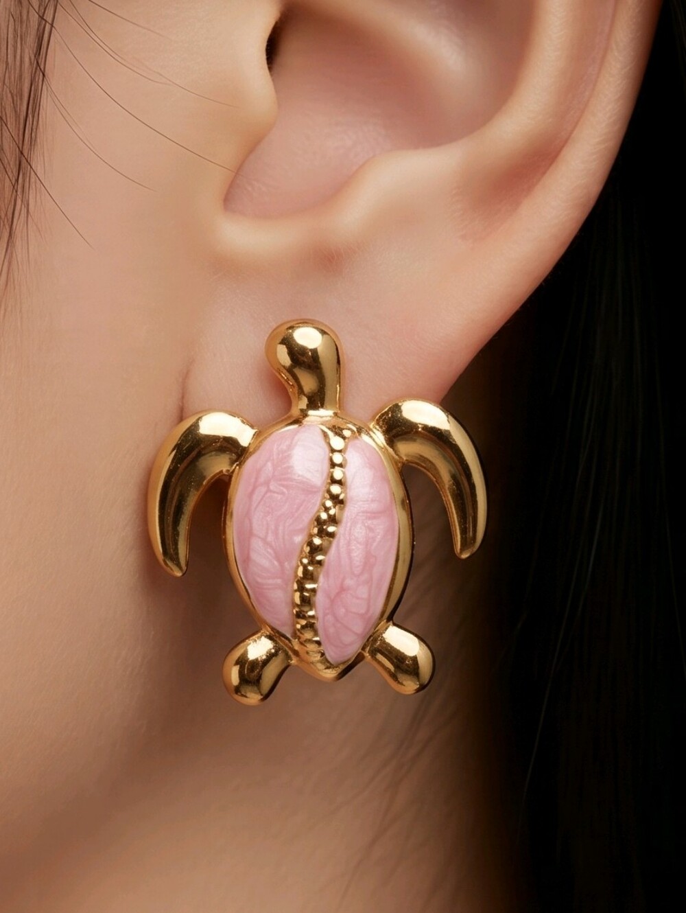 Pink Sea Turtle Earrings 18K Gold Plated Stainless Steel Enamel Coastal Studs